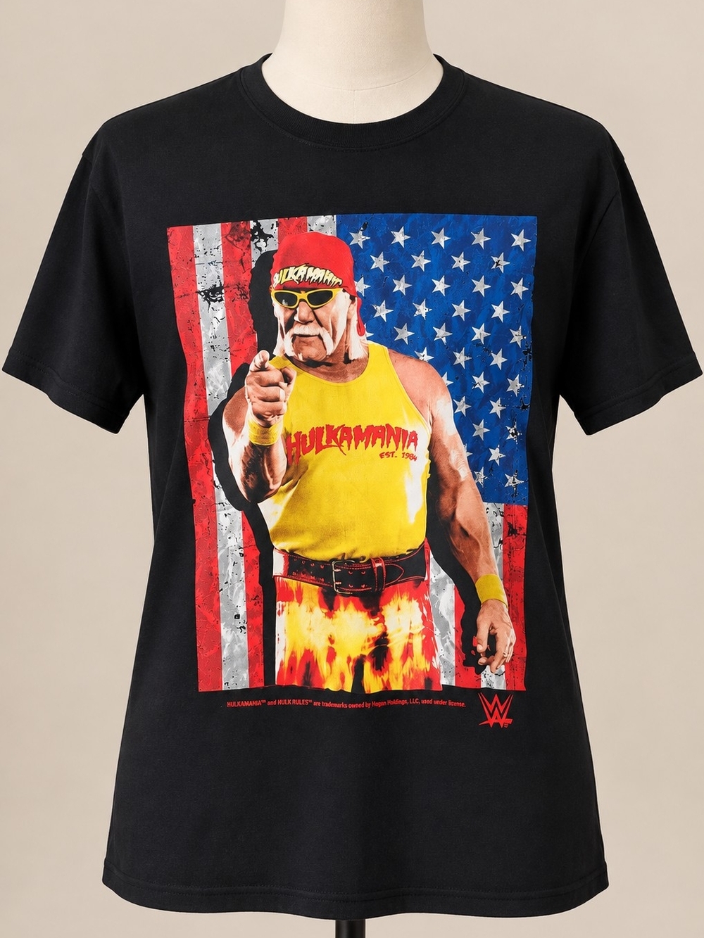 WWE Black Tee Featuring Yellow & Red Hulkamania Graphic
